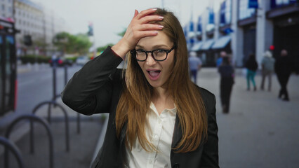 Fototapeta premium Young caucasian woman with long brown hair and glasses wearing black blazer holds hand to forehead on city street; surprise.