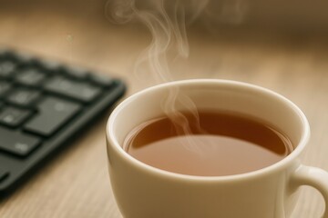 Cup of hot tea with steam near computer keyboard on work desk