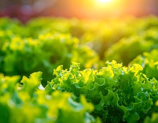 Lush Green Lettuce Field Bathed in Golden Sunlight.