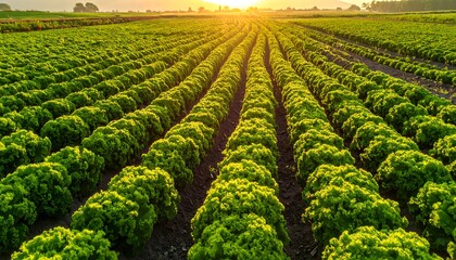 Lush Green Lettuce Field at Sunset - A Bountiful Harvest.
