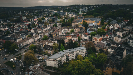 A charming view from above: The historic town of Werden, a district of Essen, nestled by the Ruhr River in Germany.