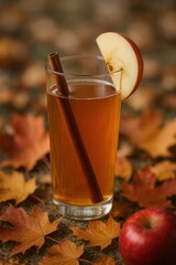 Glass of apple cider with cinnamon stick and apple slice on autumn leaves background