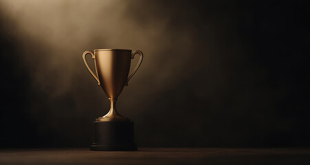 A golden trophy stands on a wooden surface against a dark background, symbolizing victory, achievement, and recognition in competitions and awards ceremonies.