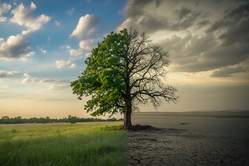 Obraz premium Half green healthy tree and half dry dead tree showing contrast between life and drought, concept of climate change, global warming, environmental impact, deforestation, and nature preservation, drama