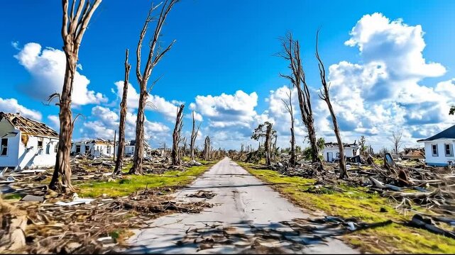 A stark road flanked by destroyed trees and homes under a blue sky.