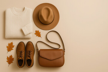 Flat lay of autumn outfit with sweater hat leather shoes and bag on beige background