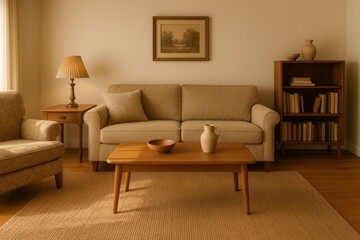 Fototapeta premium Cozy living room interior with beige sofa wooden furniture and warm natural light