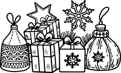 Fototapeta premium Christmas Gifts, Ornaments, Snowflake and Star present