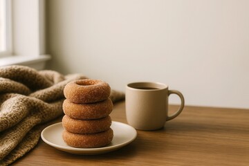 Stack of sugar donuts with coffee cup on wooden table in cozy morning light