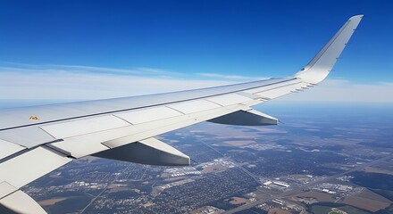 Obraz premium View from an airplane window of the wing flying high above the ground under a clear blue sky.
