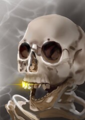 Human skull with glowing teeth on dark background.