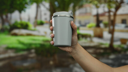 Man holding white tumbler outdoors on city street with green park background, showcasing a casual...