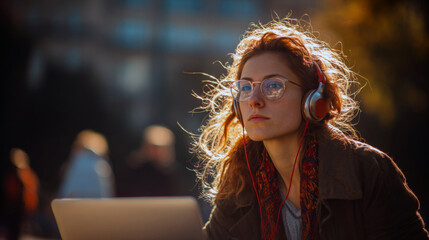 atmospheric portrait of a female student or freelancer working remotely on a laptop outdoors in a park during autumn, showing digital connectivity, freedom, education, focused concentration in nature