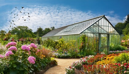 Obraz premium vibrant flower garden with greenhouse buzzing bees and lush greenery