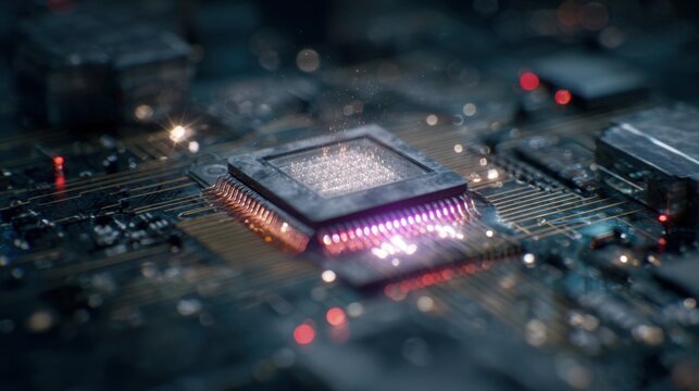 extreme close-up of a powerful microchip integrated into a dark motherboard with shimmering light effects, symbolizing artificial intelligence, data processing, electronic communication, technology.