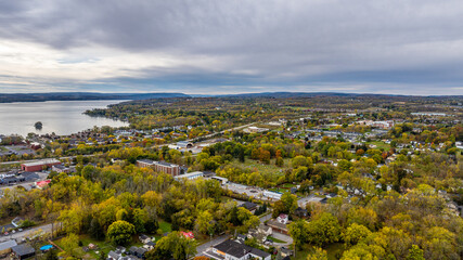 Canandaigua, NY, USA - October 17, 2025: Aerial photo over Canandaigua City Pier, Downtown Canandaigua New York
