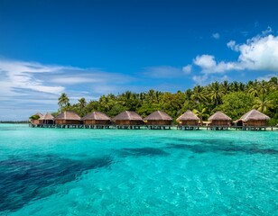 a picturesque row of wooden houses on the water framed by the turquoise sea and a lush island with tropical trees