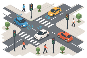 Autonomous cars at intersection with pedestrians and traffic lights