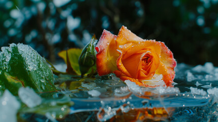 Yellow rose frozen on icy surface with winter reflections and dramatic details, perfect for romantic storytelling, seasonal designs and emotional branding