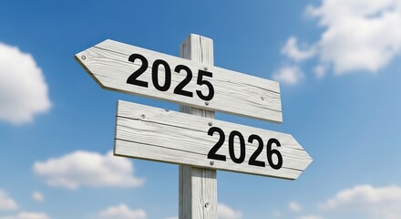 A weathered wooden signpost pointing to 2025 and 2026 against a blue sky, representing choices and the passage of time
