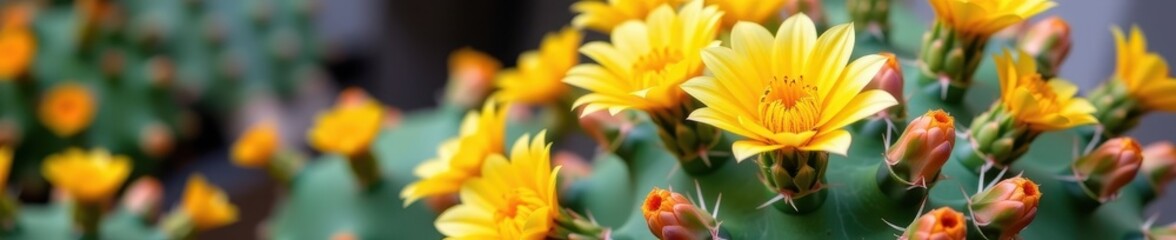 Closeup of vibrant yellow cactus flowers blooming on a spiky green prickly pear pad, close-up, bloom, texture