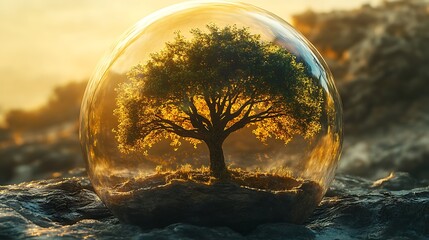 large oak tree inside transparent dome on textured background with warm diffuse glow