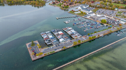 Canandaigua, NY, USA - October 17, 2025: Aerial photo over Canandaigua City Pier, Downtown Canandaigua New York