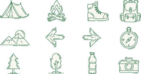 Green Camping and Hiking Icons Featuring Tent, Campfire, Compass, Backpack, Trees, Water Bottle, Camera, and Outdoor Adventure Symbolst