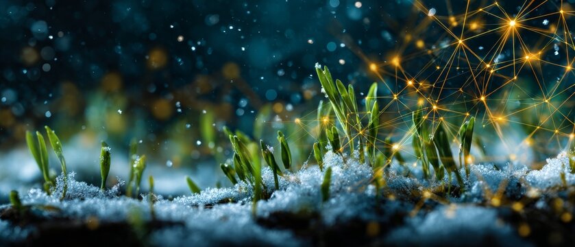 Nature's renewal: spring grass defies the last snowflakes. Tech innovation. Dramatic spring unfolding: grass shoots stand against melting snow. Cyber grid. Cyber intelligence.