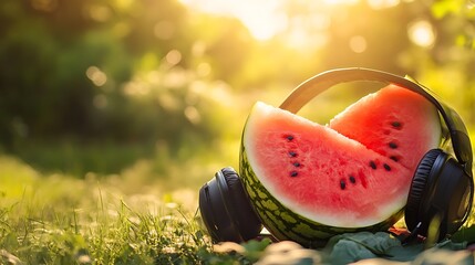 juicy watermelon with audio gear against a summery blurred nature backdrop with soft depth of field and sunlight