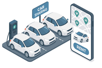 Car sharing service concept with electric cars and mobile app interface