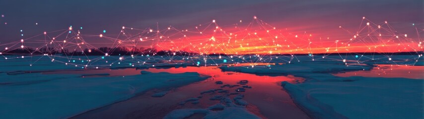 Silent markings: winter's resilient journey on frozen landscape. Virtual connectivity. Fresh footprints on frosty lake during winter sunset. Machine network. Machine learning.
