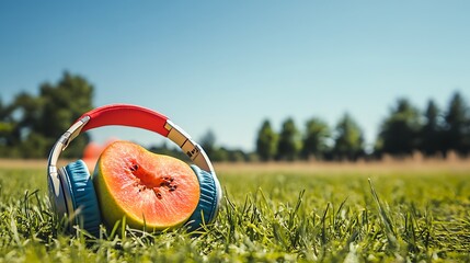 summertime fruit with stylish headphones on green grass under clear sky highlighting texture and contrast