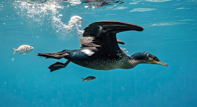 Socotra Cormorant Diving Underwater with Trailing Bubbles and Fish Visible Nearby Hunting - Powered by Adobe