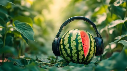 playful watermelon listening to music near leafy garden background capturing joyful summer vibes