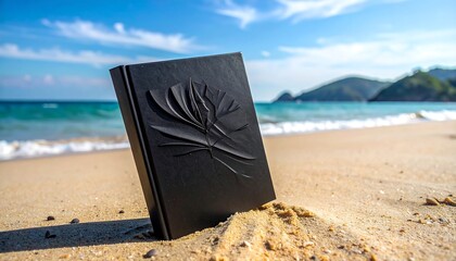 Book with embossed design in sand near ocean