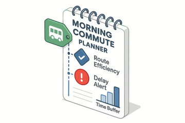 Morning commute planner notebook with route efficiency and delay alert graphics