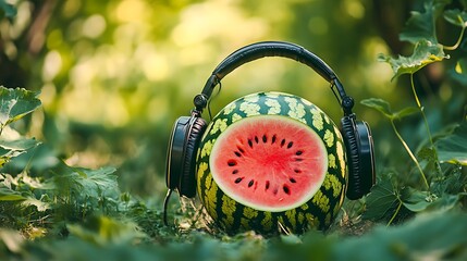 playful watermelon listening to music near leafy garden background capturing joyful summer vibes