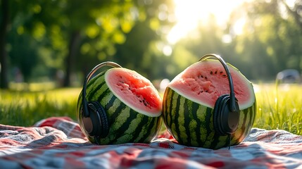 whole watermelon with sleek headset set on a picnic cloth in daylight featuring strong lighting and clarity