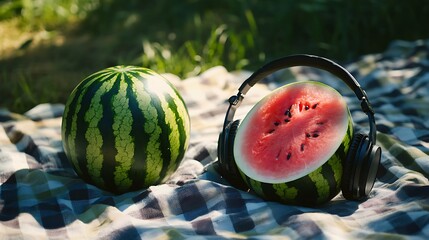 whole watermelon with sleek headset set on a picnic cloth in daylight featuring strong lighting and clarity