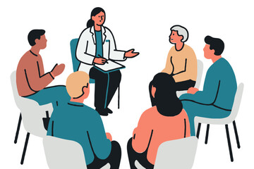 Doctor leading a group therapy session with diverse patients sitting in a circle, flat style on white background, concept of mental health support