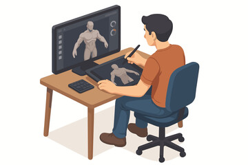 Young hispanic male artist designing 3d model on computer and tablet