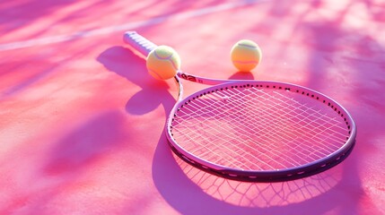 artistic racket and balls on vibrant pink tennis court with powder light accent