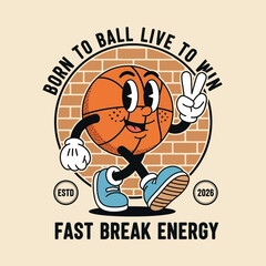 Playful retro cartoon of a basketball character walking with a peace sign, set against a brick wall backdrop for a classic sports logo
