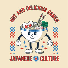 A happy and delicious ramen noodle bowl cartoon character with a retro aesthetic. This vintage Japanese culture food mascot brings a cheerful vibe