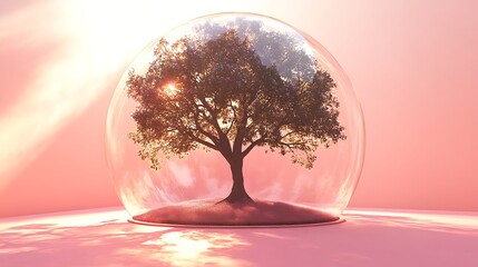 large oak tree inside transparent dome on pink floor with ethereal glow and soft shadows