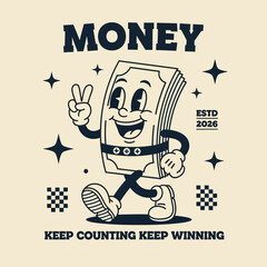 A walking money stack character in a retro cartoon style. This happy mascot illustration symbolizes wealth and winning