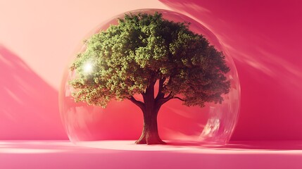 large oak tree inside transparent dome on pink floor with ethereal glow and soft shadows