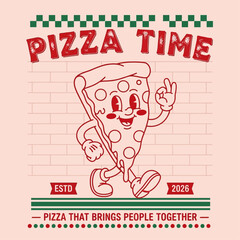 Cheerful walking pizza slice character in a retro cartoon style. Vintage food mascot illustration perfect for pizzeria branding or t-shirt design