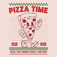 A cheerful walking pizza slice mascot character in a retro cartoon style with a slogan on a pink background